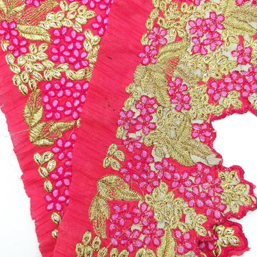 Fuchsia Pink Silk Fabric Trim, Pink & Gold Floral Embroidery Indian Sari Border Trim By Yard Decorative Trim Craft Lace